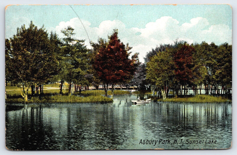 Asbury Park New Jersey NJ Sunset Lake Landscape Boat Vintage Postcard