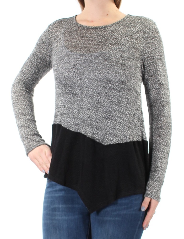 BAR III Womens Black Darted Color Block Long Sleeve Jewel Neck Top Size: M