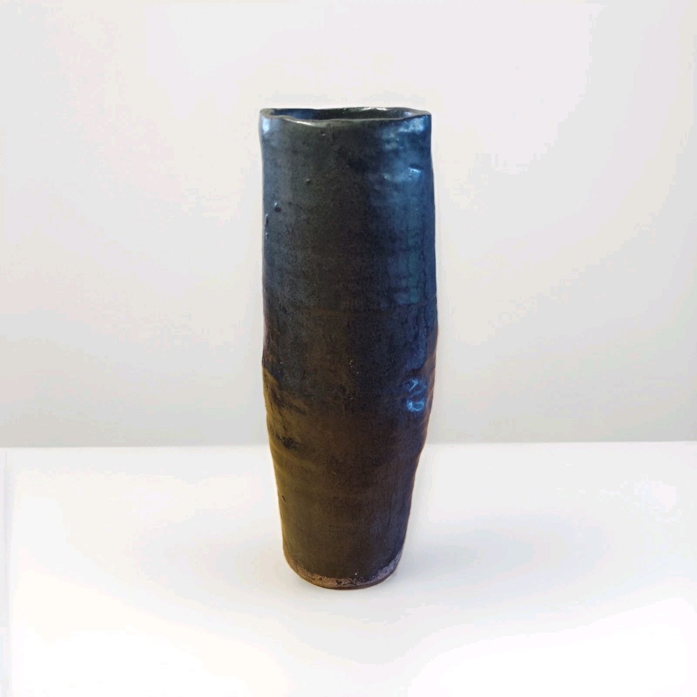 Handmade Studio Art Pottery Vase Signed  Hirolo Dark Glaze Ceramic Art