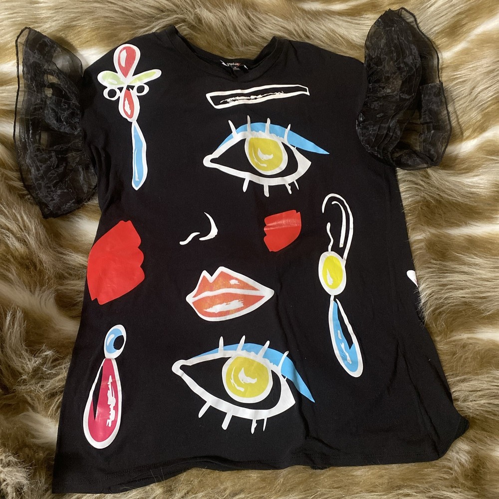 VTG Abstract Art Top with Sheer Ruffle Sleeves Medium AOP Wearable Art-image