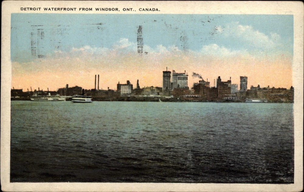 Michigan Detroit waterfront from Ontario Canada ~ 1929 vintage postcard sku203