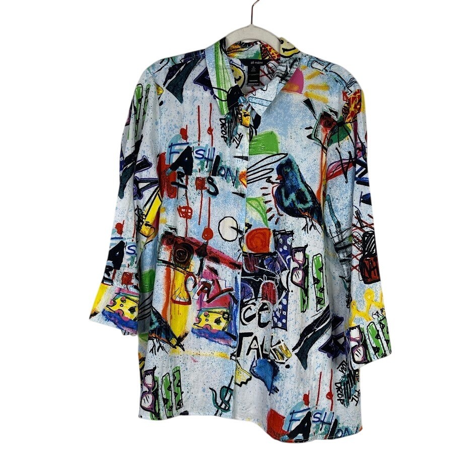 Ali Miles Abstract Graffiti Artsy Print Toggle Button Top Long Sleeve Size XL-image