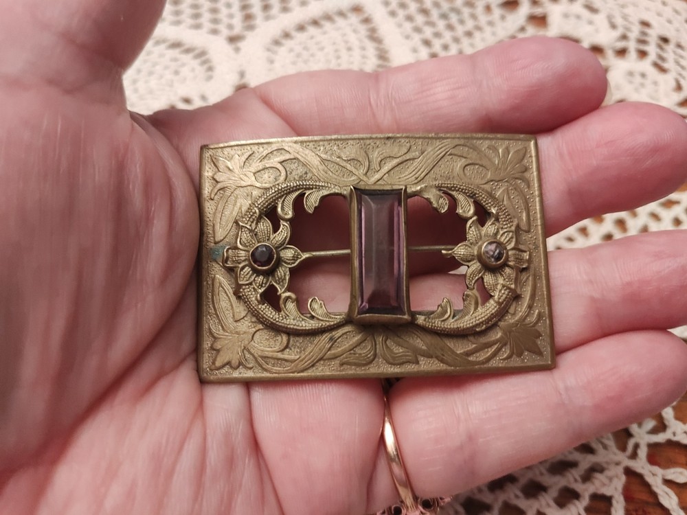 Antique Art Nouveau Brass Purple Glass Sash/Brooch w Flowers 1.5