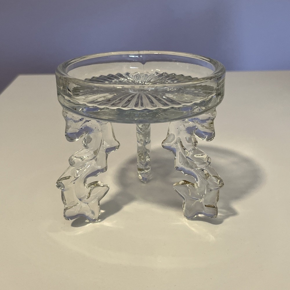 Vintage Pressed Glass Clear 3 Footed Candle Holder Plant Chinoiserie Stand 3.75