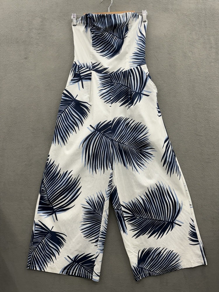 Petal Roz Women’s Large Blue White Tropical Print Strapless Wide Leg Jumpsuit