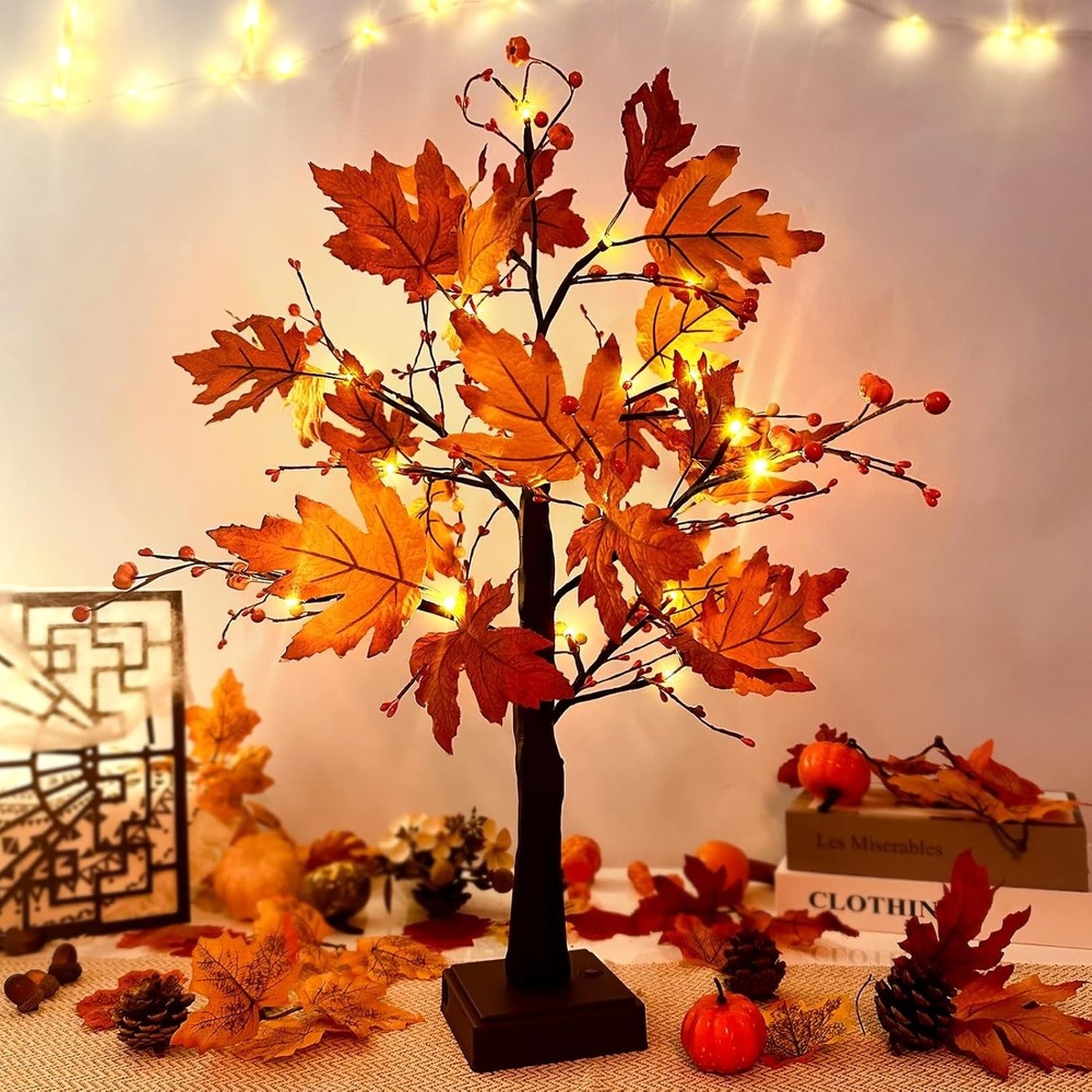 Halloween Decor Autumn Decor Maple Leaf Tree Lights with 24 LEDs Light Tree Timer
