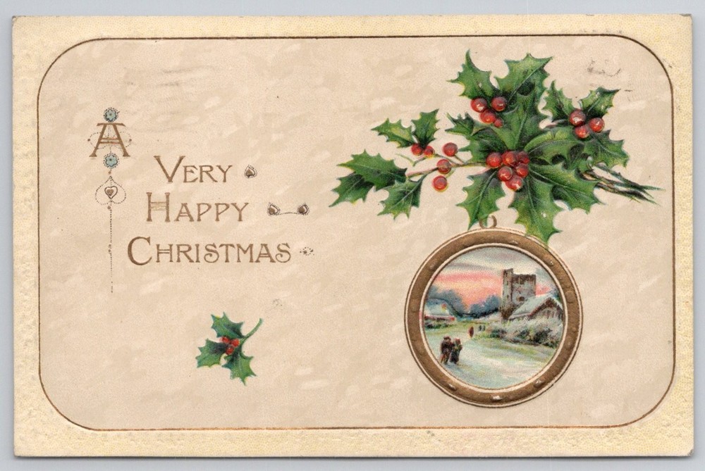1910 Embossed Christmas Postcard - Snowy Church Village, Holly, Germany Print