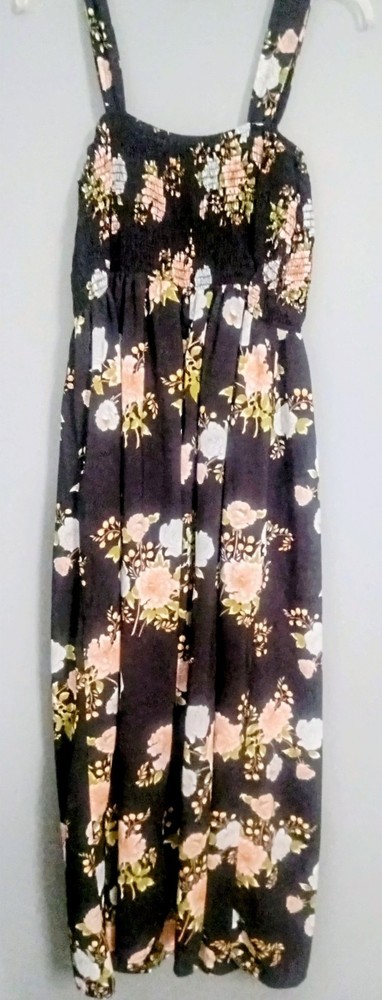 ROZ & ALI Womens 1X Black Floral Smocked Maxi Sundress CottageCore