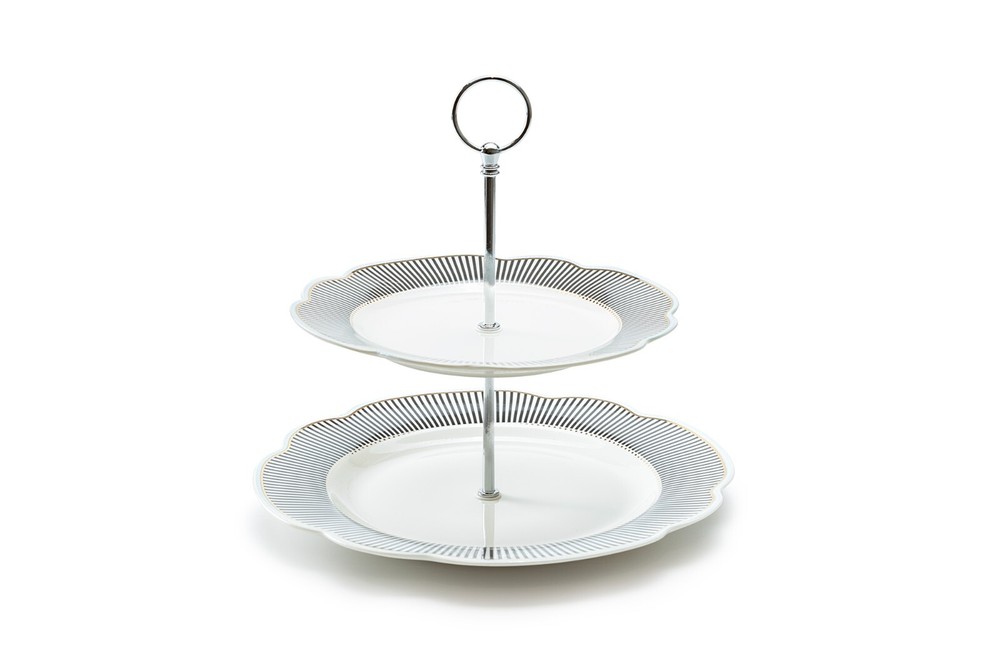 Grace Teaware Dark Grey Stripes Gold Dots Scallop Fine Porcelain 2-Tier Server