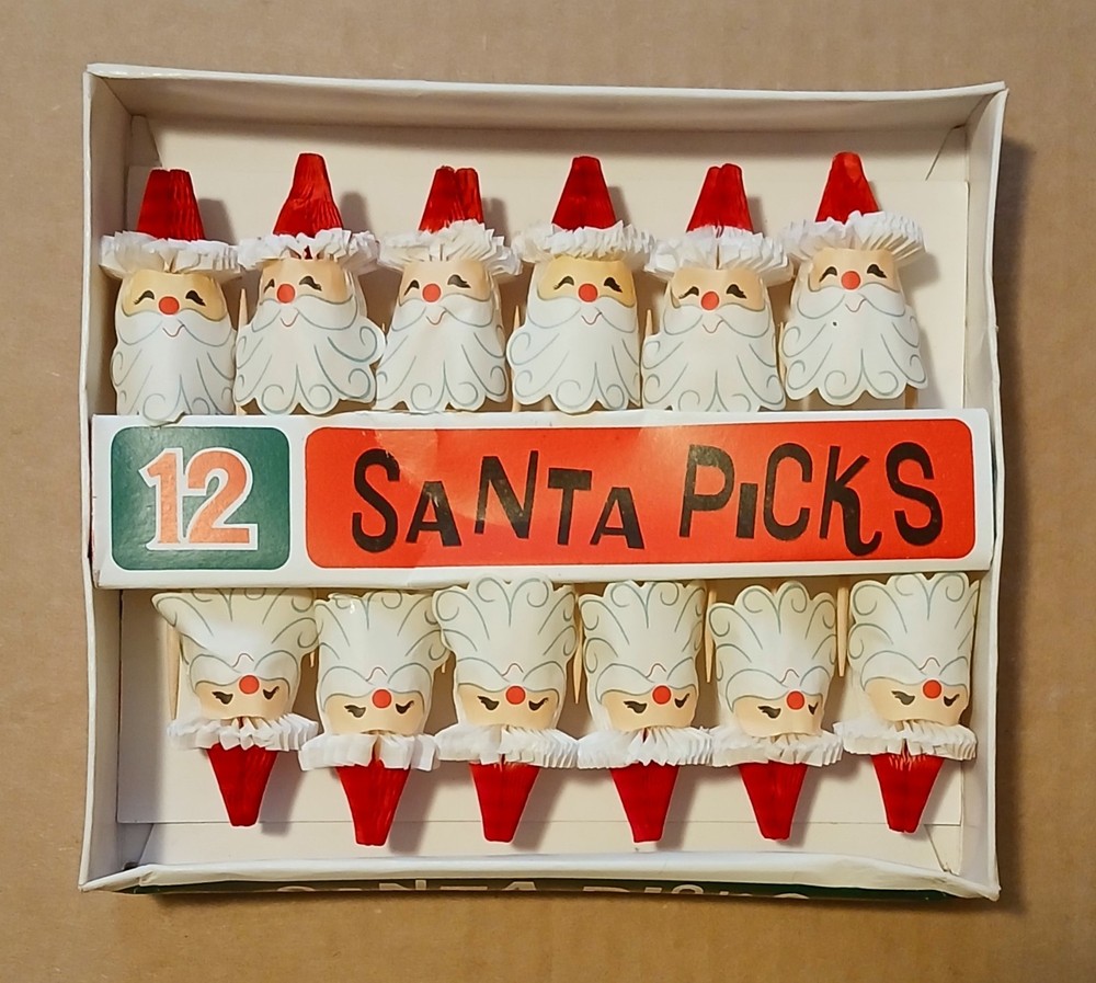 Vintage Christmas Santa Picks (12) Full Box Made In Japan 1967 Vintage MCM Xmas