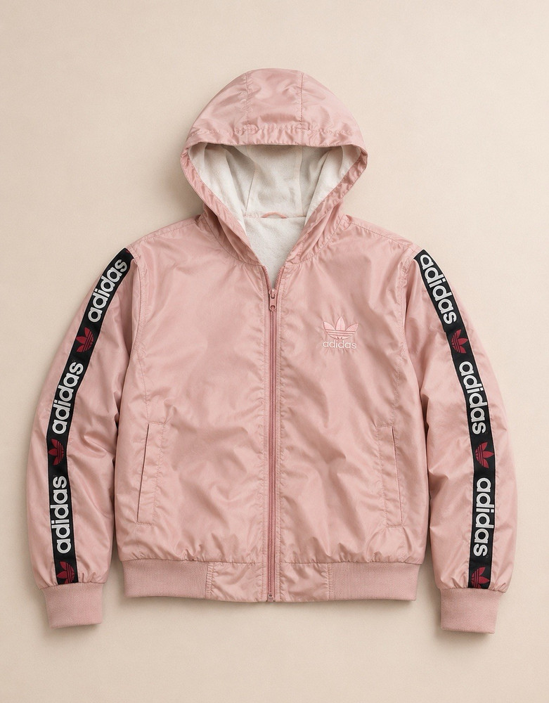 adidas Women’s Pink Nylon Logo Windbreaker Jacket Full Zip Hooded S