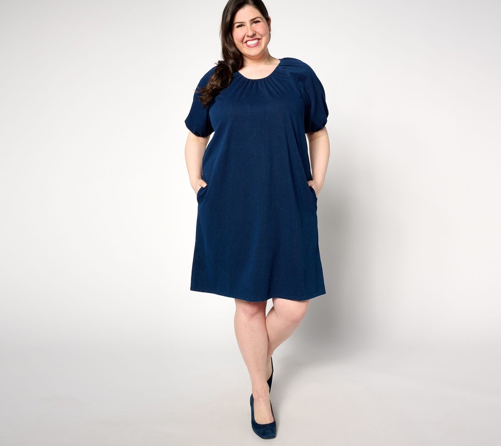 Denim & Co. Women's Dress Sz L Regular Comfy Knit Air Puff Sleeve Blue A636658