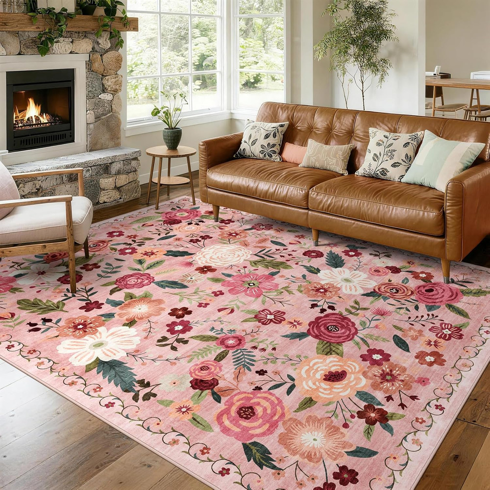 8X10 Washable Area Rug for Living Room, Floral Non-Slip Non-Shedding & Easy Care