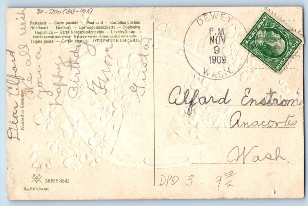 DPO (1898-1918) Dewey WA Postcard PFB Birthday Greetings Horseshoe Flowers 1909