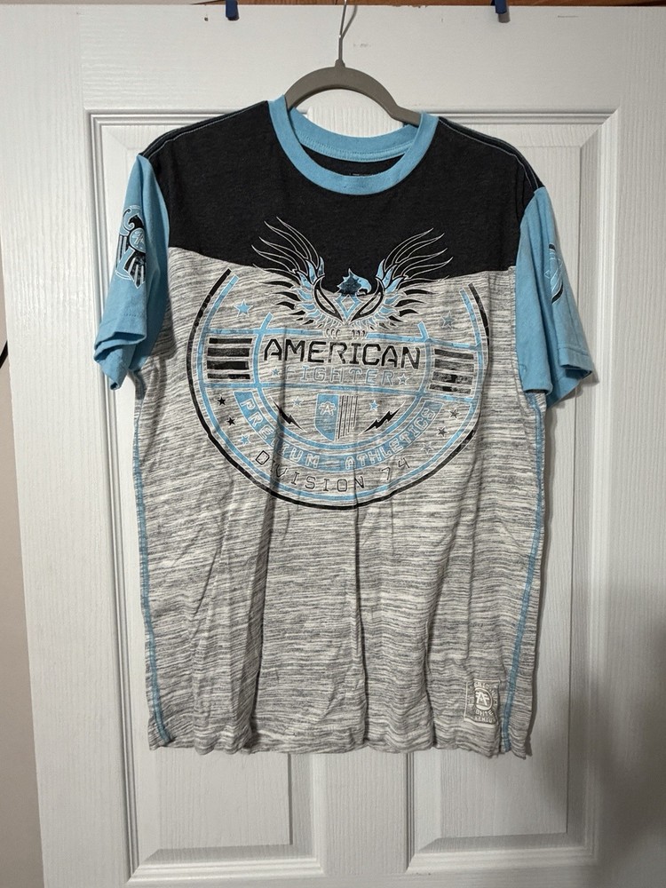 American Fighter Men's Graphic Print T-Shirt Gray Blue Crew Neck Size S