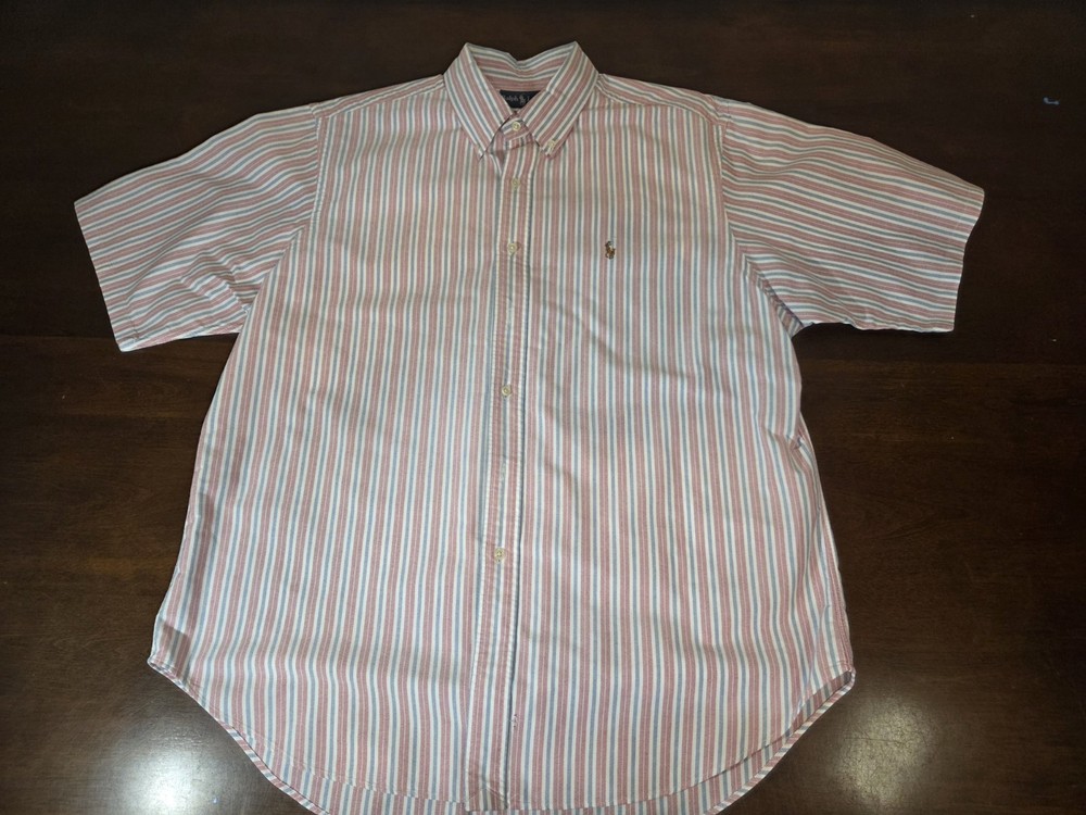 Vintage Ralph Lauren Oxford Shirt Short Sleeve Button Down Striped Red Blue L