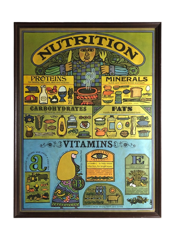 Rare Vintage Retro 70s Jane Teiko Oka Kitchen Nutrition Food Poster FRAMED