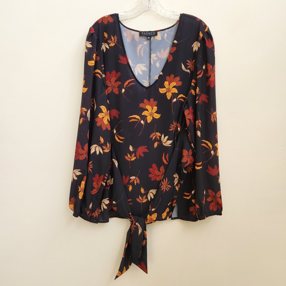 Eloquii Blouse Women’s Size 22 Plus Black Orange Floral Polyester With Tie Waist