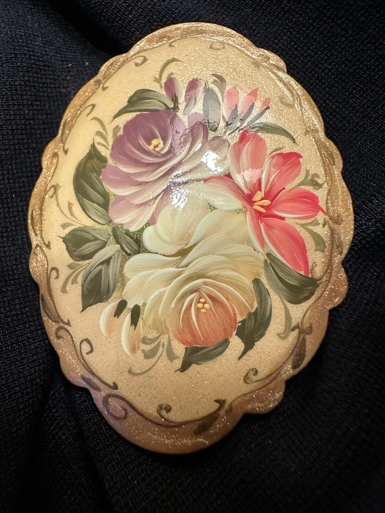 Vintage Signed Russian Wooden Gold Lacquered Hand painted Brooch Pin