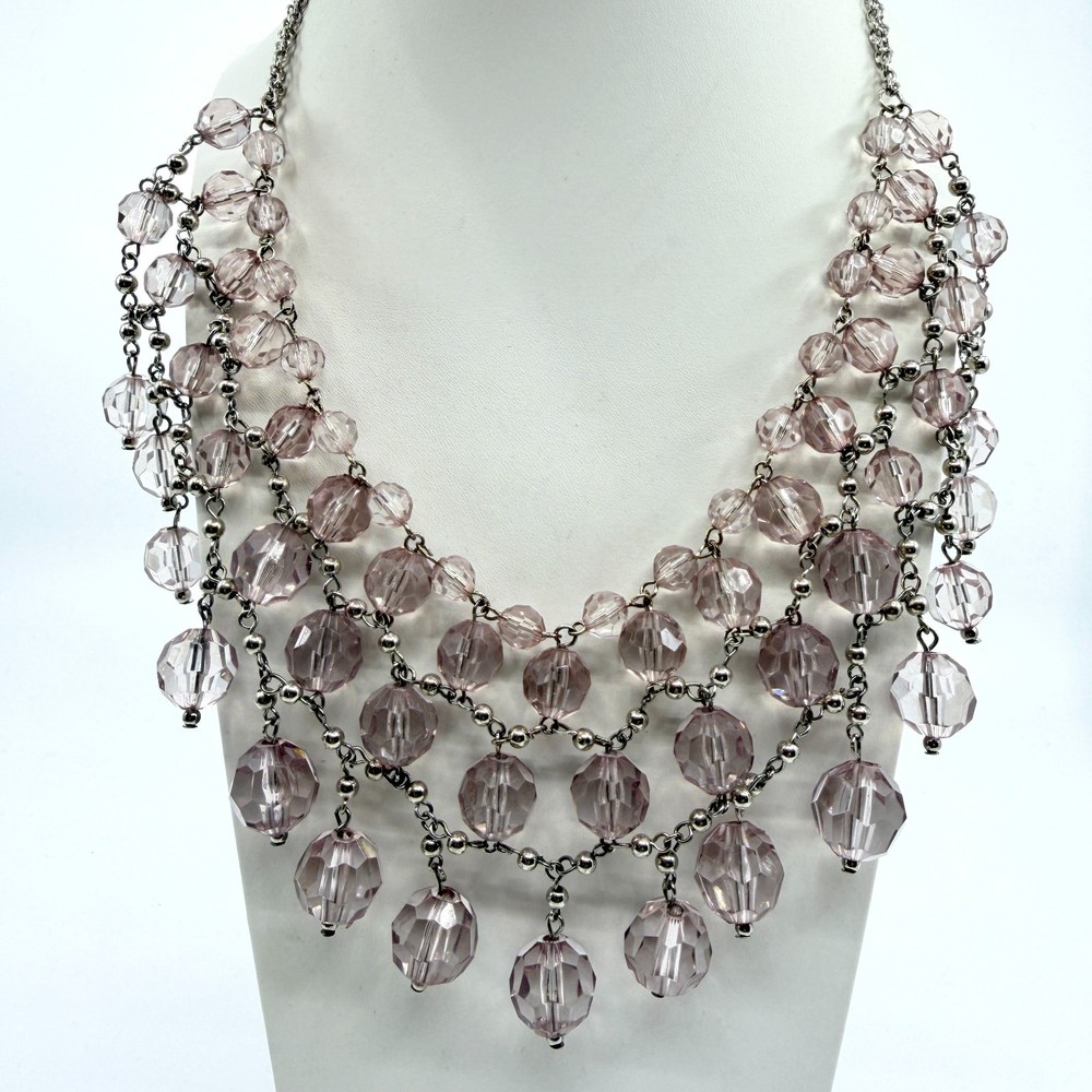 VTG Lavender Purple Acrylic Crystal Bib Statement Necklace Silver Tone Layered