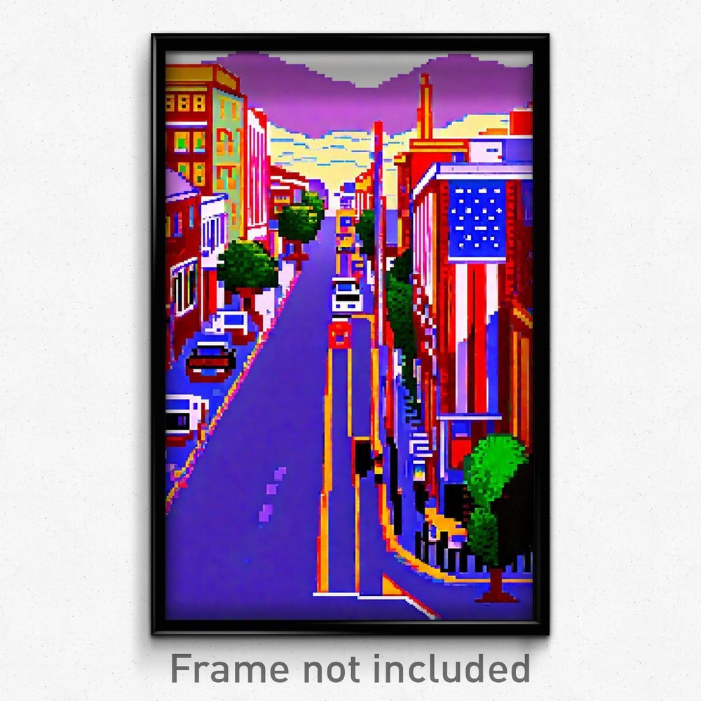 8 Bit Pixel Art Poster of a Psychedelic American Town Video Game Print