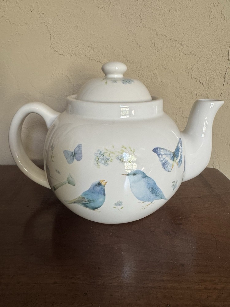 Teapot Hallmark Blue Skies Blue Bird Rooster Floral Butterflies Marjolein Bastin