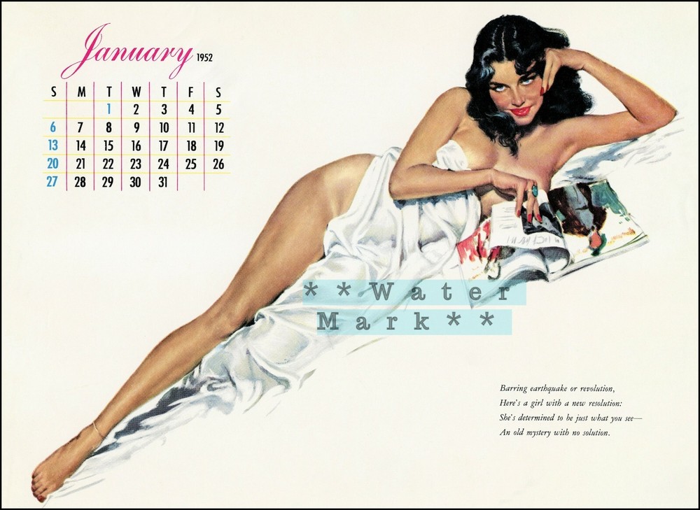 Vintage Esquire Girl Pinup Calendar January 1952 Poster Wall Art  