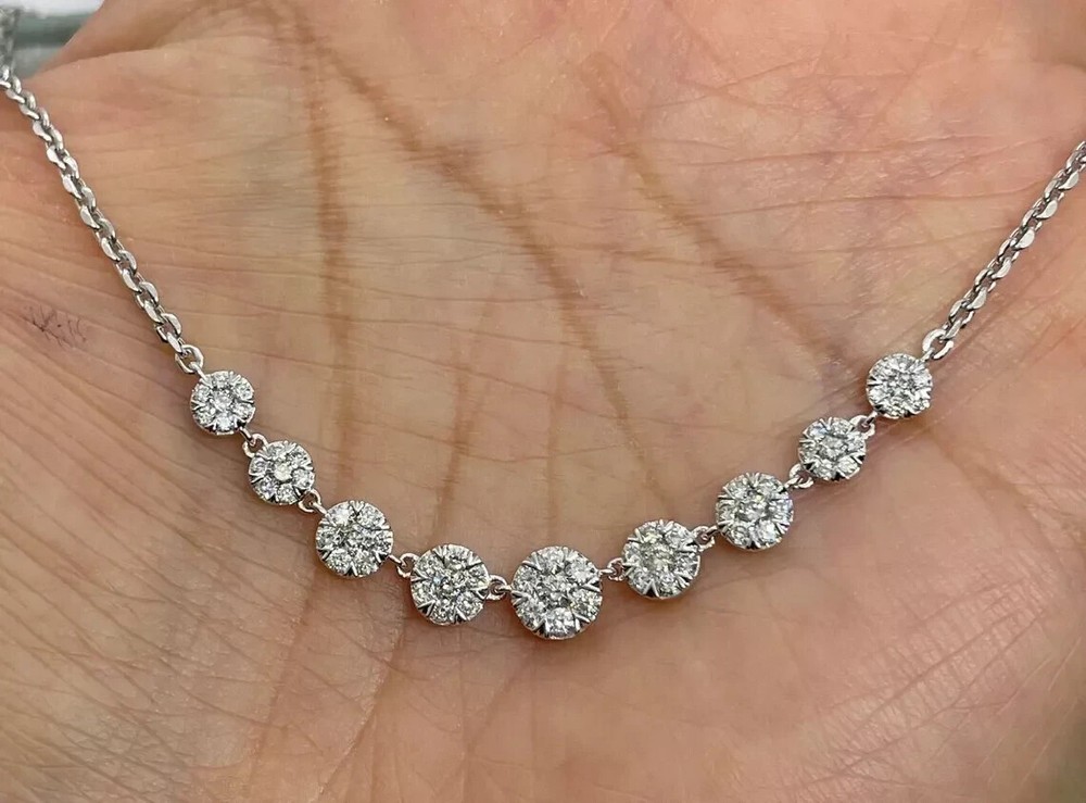 Moissanite choker necklace with 9 halo 2ct stones in 14K white gold plating