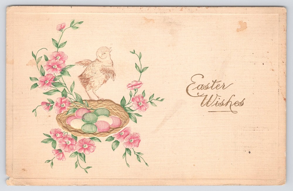 Easter~Chick Sings On Gold Nest Of Colored Eggs~Wild Roses~Textured~Emb~1915 PC