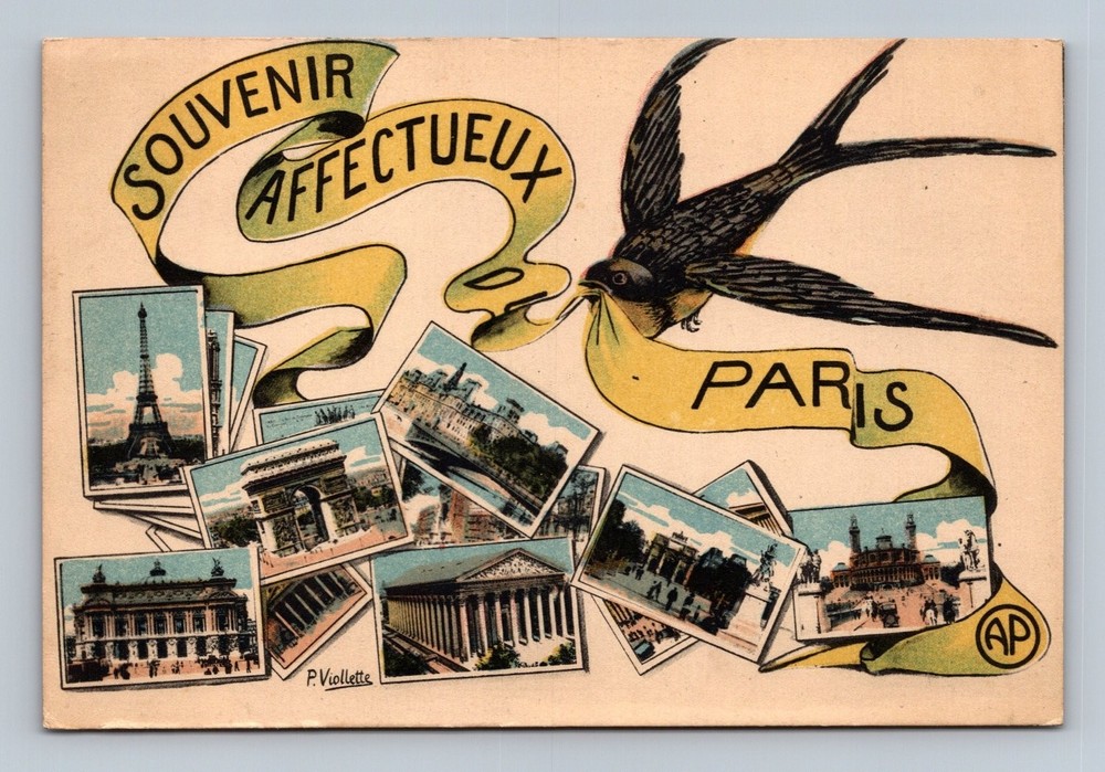 Vintage Paris Souvenir Postcard with Eiffel Tower & Landmarks