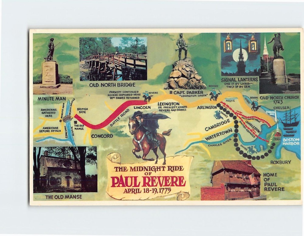 Postcard The Midnight Ride Of Paul Revere Massachusetts USA