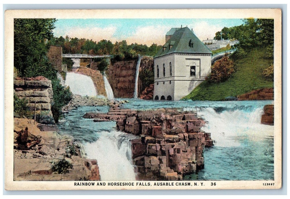c1950 Rainbow Horseshoe Falls Bridge Rock Formation Ausable Chasm NY Postcard