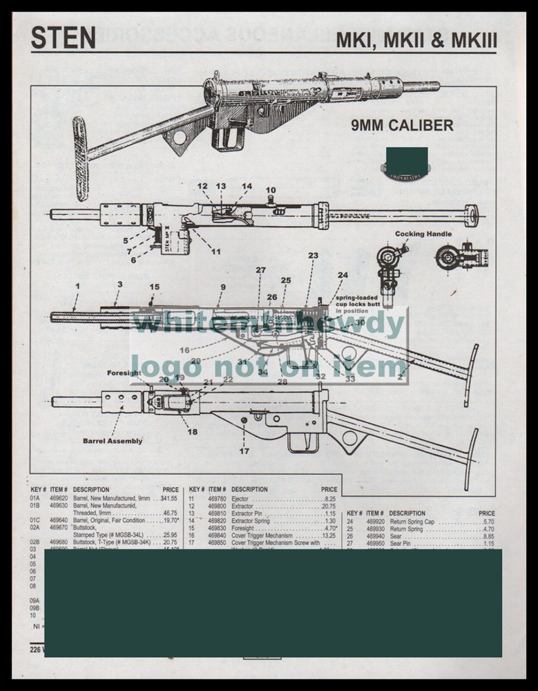 1999 STEN MKI, MKII, MKIII 9 mm Carbine Schematic Parts List