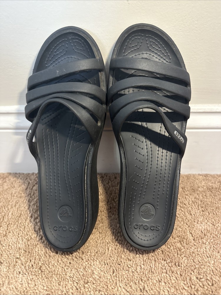 Crocs Rhonda Women's Wedge Sandal Black Slip On Strappy  Slides Size 10