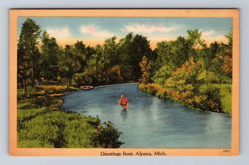 Alpena MI-Michigan Scenic Greetings Man In The River Vintage Postcard