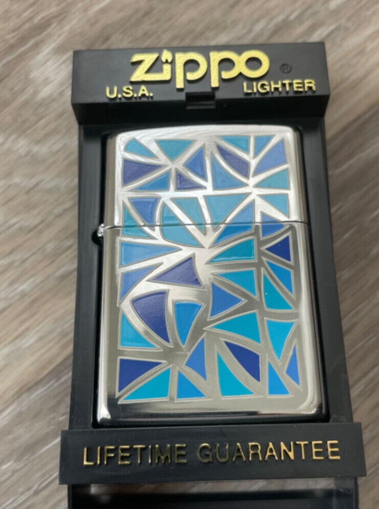 1993 Zippo Lighter with Abstract Blue Modern Art & Chrome (Unfired, Sealed)-image
