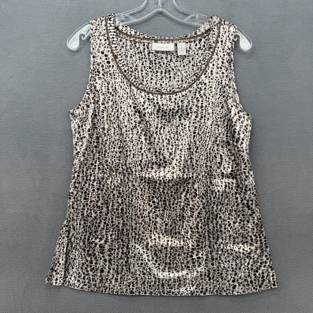 Chico's Tank Top Womens Small Brown Leopard Design Wide Strap Stretch Scoop Neck