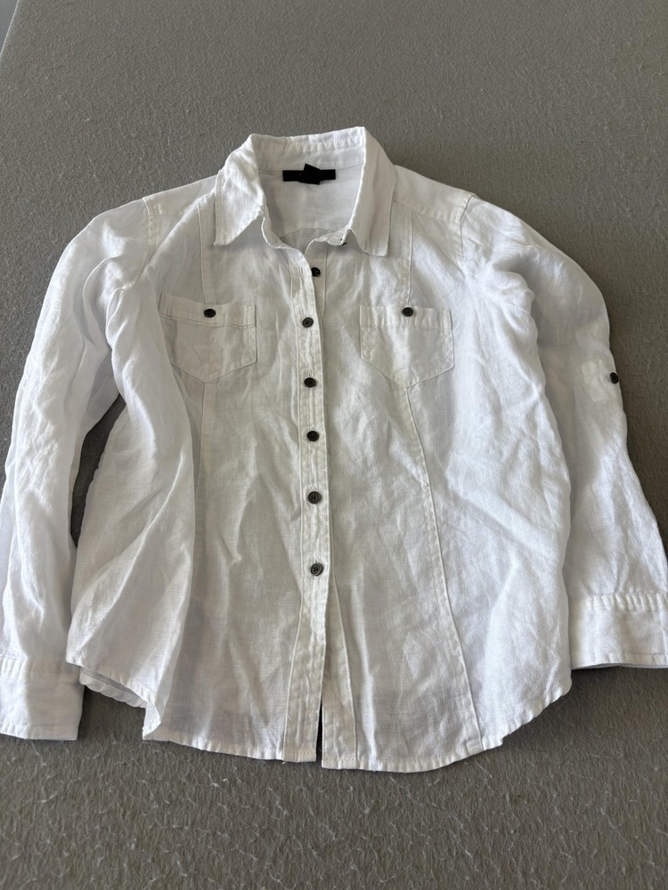 Style & Co. Shirt Womens Petite 12P White Linen Button Front Long Sleeve Top