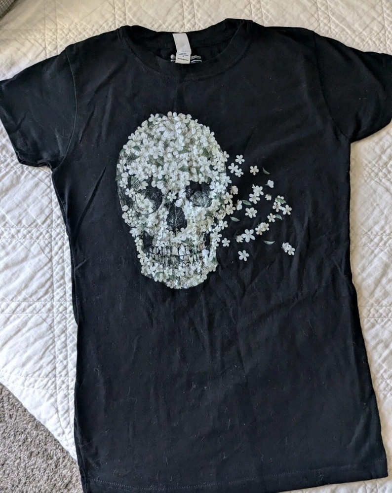 Skull Flower Black T Shirt Pirate Emo Women's Junior Size Medium