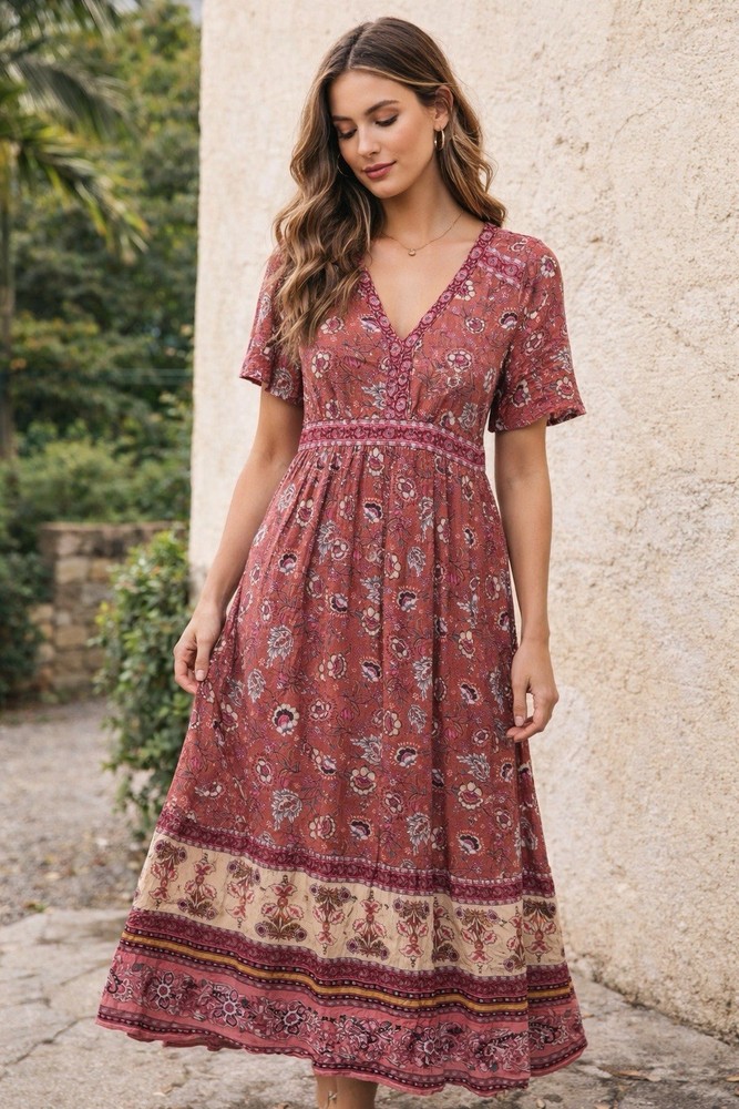 Knox Rose Small Boho Floral Midi Dress Pink Empire Waist Short Sleeve Prairie