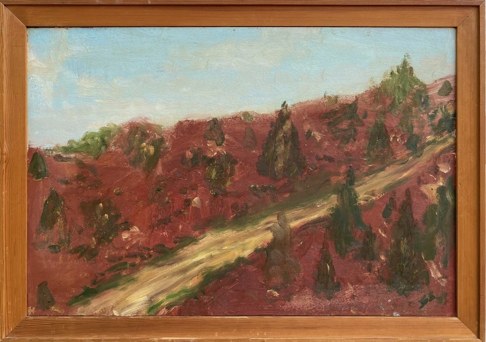 Expressionist Abstract Landscape with Path & Fir Trees Midcentury Modern Art-image