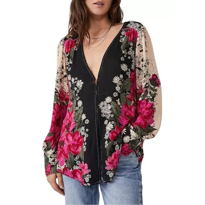 Free People Mikayla Printed Tunic Womens XS Multi Floral Boho V-Neck Hook Eye