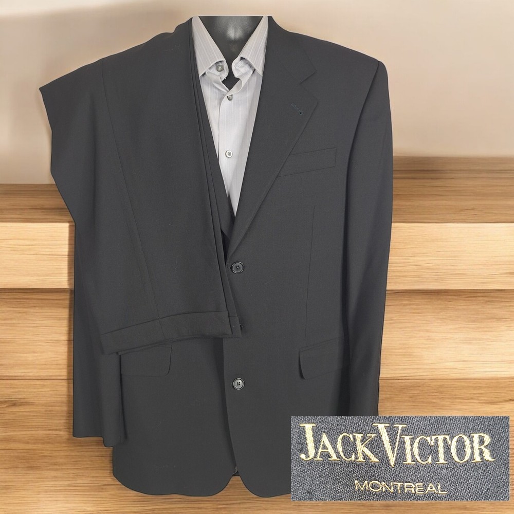 Jack Victor Mens 2-Piece Black Wool Suit 42L 34X32 3-Button Ventless Canada