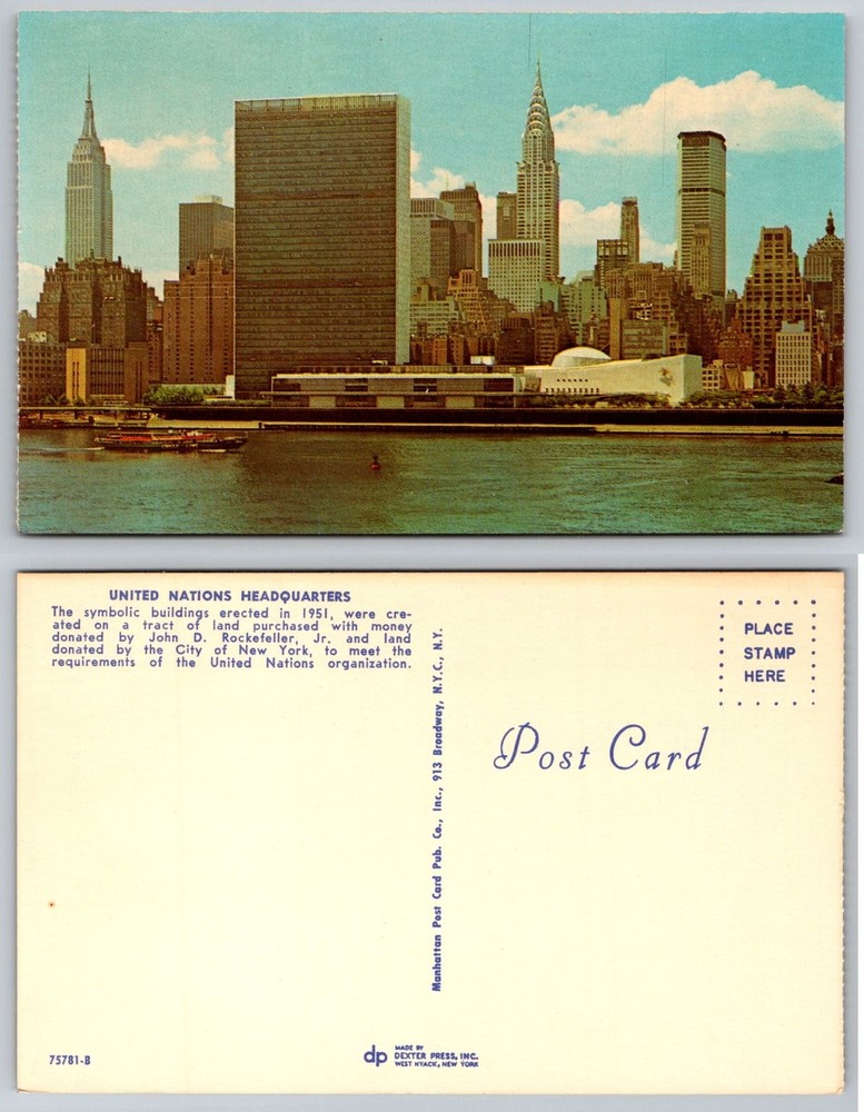 UN Headquarters NYC Skyline Postcard c.1950s Empire State Chrysler Buildings