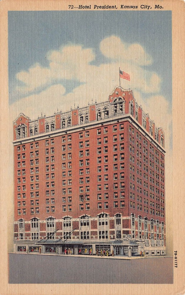 Kansas City Missouri Downtown Hotel President US Flag 1930s Vtg Postcard T10