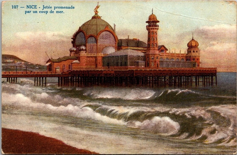 Nice France Jetée-Promenade Pier Grand Casino Waves Vintage Postcard