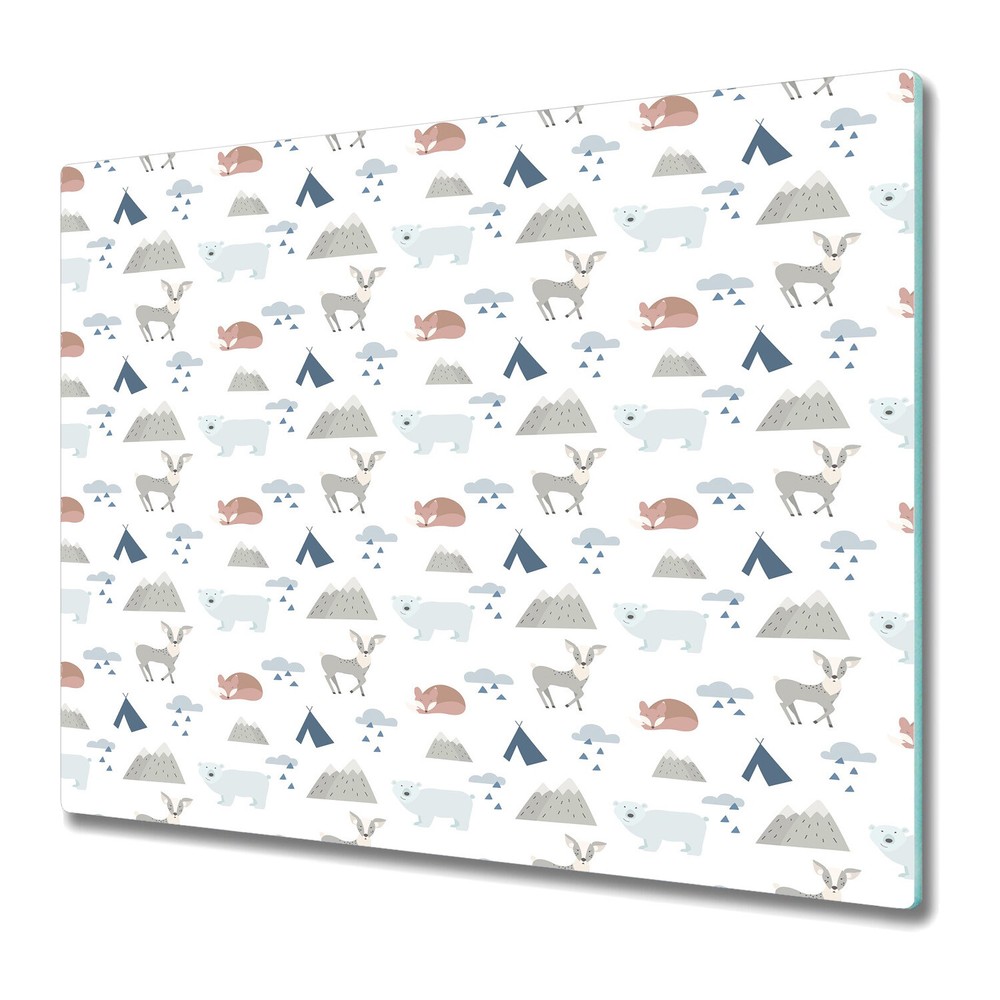 Glass Kitchen Chopping Board Worktop Saver Forest Animals Fox Bear 60x52