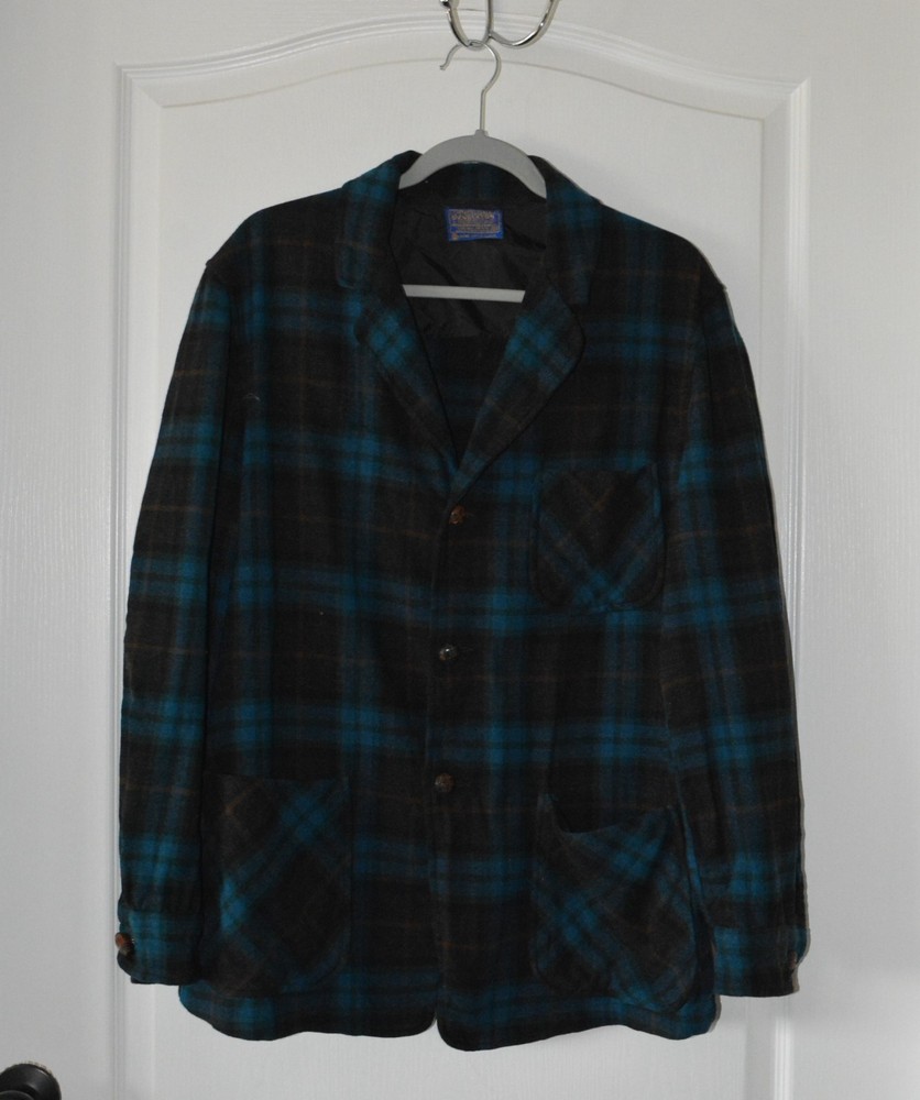 Vintage Pendleton 100% Virgin Wool Black & Blue Plaid Men's Jacket Medium