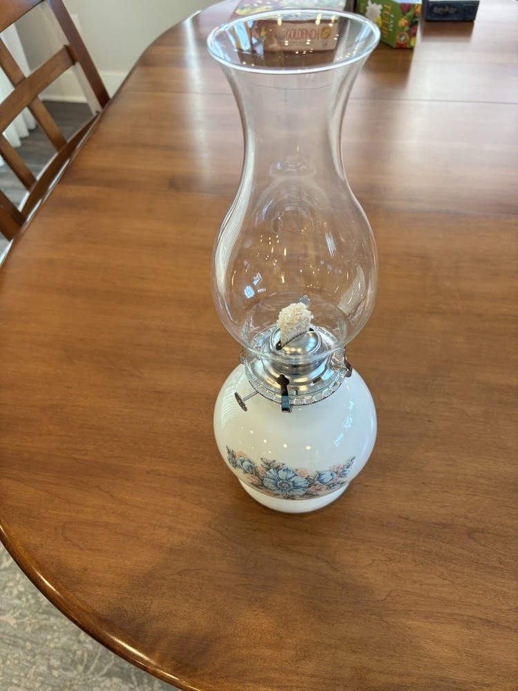 Vintage White Oil Lamp Blue Pink Flowers with Clear Glass Hurricane Chimney