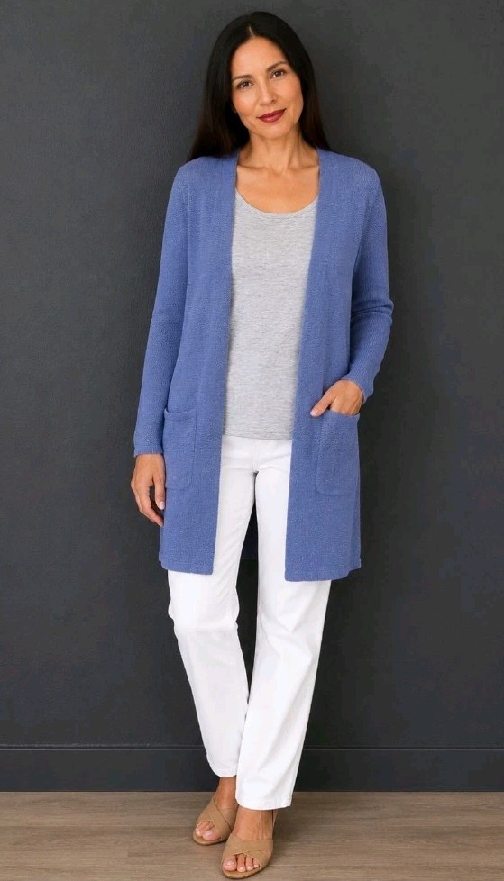 J. Jill Women's Open Front Linen Blend Cardigan Sweater Blue S Petite Pockets